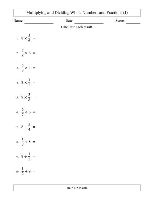 The Multiplying and Dividing Proper Fractions and Whole Numbers with Some Simplifying (J) Math Worksheet