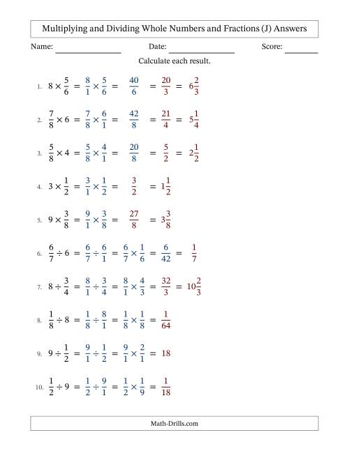 The Multiplying and Dividing Proper Fractions and Whole Numbers with Some Simplifying (J) Math Worksheet Page 2