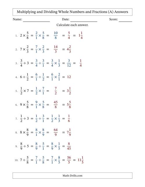 The Multiplying and Dividing Proper Fractions and Whole Numbers with Some Simplifying (All) Math Worksheet Page 2