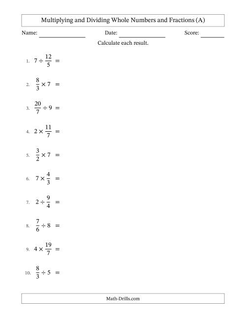 The Multiplying and Dividing Improper Fractions and Whole Numbers with No Simplifying (A) Math Worksheet