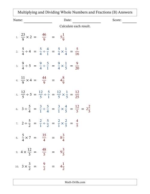 The Multiplying and Dividing Improper Fractions and Whole Numbers with No Simplifying (B) Math Worksheet Page 2