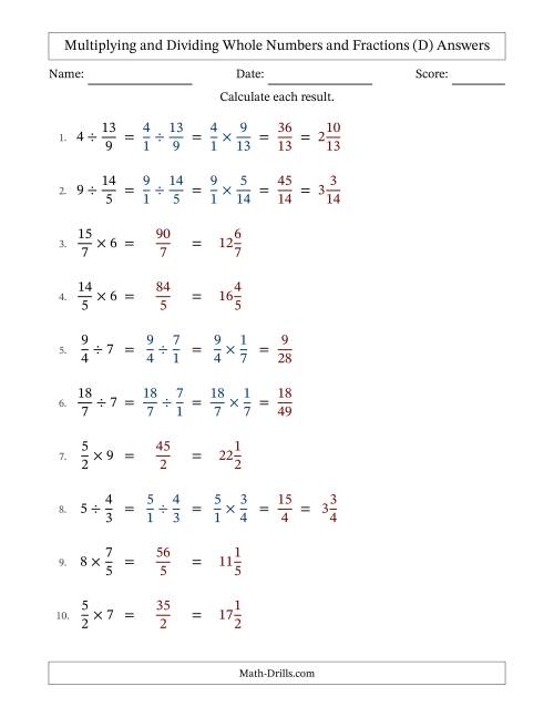 The Multiplying and Dividing Improper Fractions and Whole Numbers with No Simplifying (D) Math Worksheet Page 2