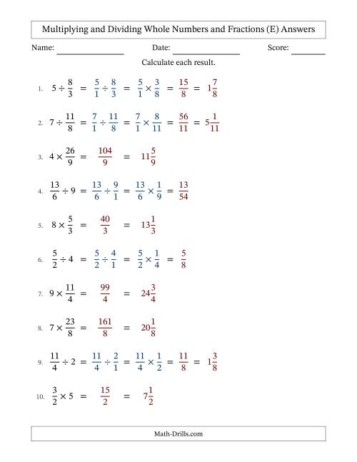 The Multiplying and Dividing Improper Fractions and Whole Numbers with No Simplifying (E) Math Worksheet Page 2