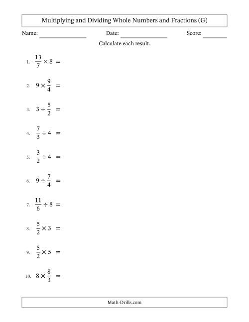 The Multiplying and Dividing Improper Fractions and Whole Numbers with No Simplifying (G) Math Worksheet