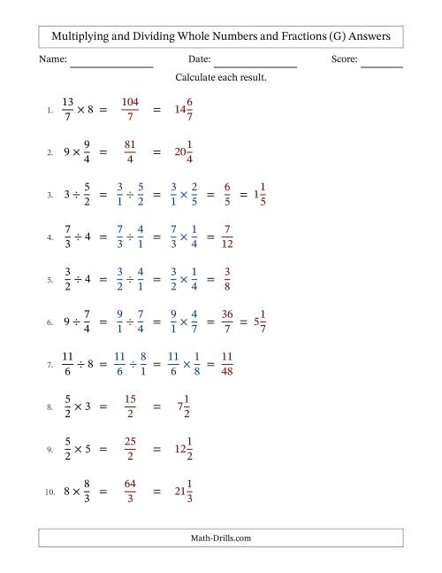 The Multiplying and Dividing Improper Fractions and Whole Numbers with No Simplifying (G) Math Worksheet Page 2
