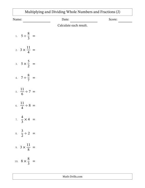 The Multiplying and Dividing Improper Fractions and Whole Numbers with No Simplifying (J) Math Worksheet