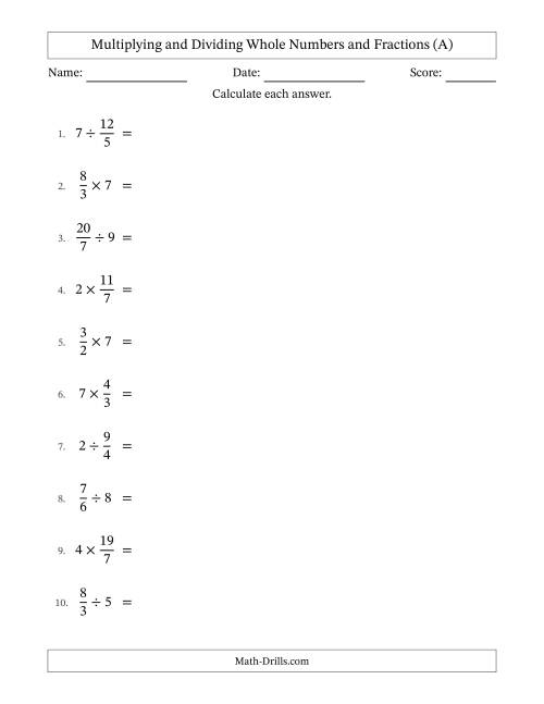 The Multiplying and Dividing Improper Fractions and Whole Numbers with No Simplifying (All) Math Worksheet