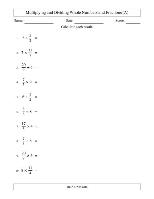 The Multiplying and Dividing Improper Fractions and Whole Numbers with All Simplifying (A) Math Worksheet