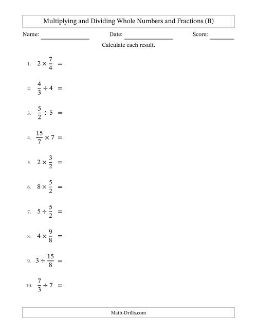 The Multiplying and Dividing Improper Fractions and Whole Numbers with All Simplifying (B) Math Worksheet