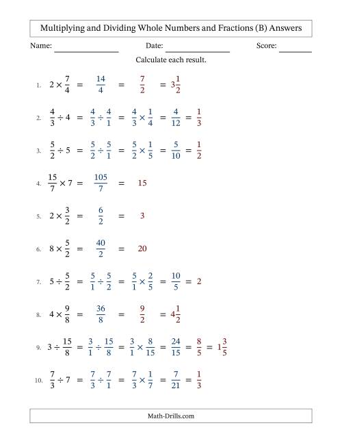 The Multiplying and Dividing Improper Fractions and Whole Numbers with All Simplifying (B) Math Worksheet Page 2