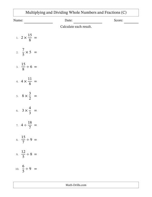 The Multiplying and Dividing Improper Fractions and Whole Numbers with All Simplifying (C) Math Worksheet