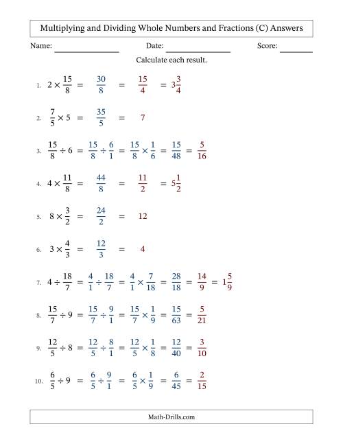 The Multiplying and Dividing Improper Fractions and Whole Numbers with All Simplifying (C) Math Worksheet Page 2