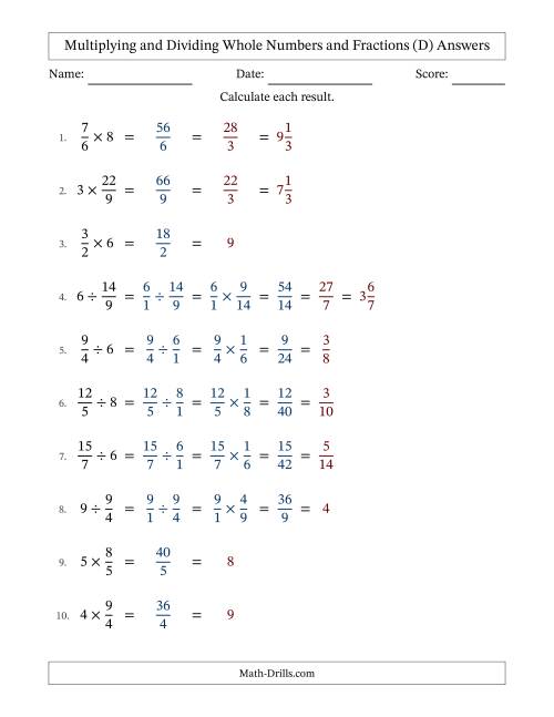 The Multiplying and Dividing Improper Fractions and Whole Numbers with All Simplifying (D) Math Worksheet Page 2
