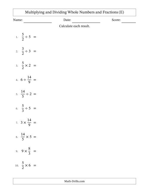The Multiplying and Dividing Improper Fractions and Whole Numbers with All Simplifying (E) Math Worksheet