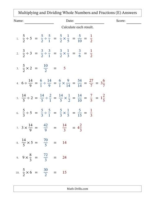The Multiplying and Dividing Improper Fractions and Whole Numbers with All Simplifying (E) Math Worksheet Page 2