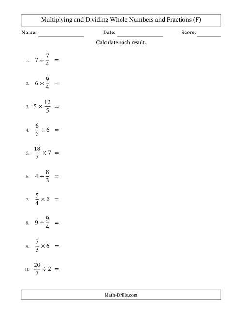 The Multiplying and Dividing Improper Fractions and Whole Numbers with All Simplifying (F) Math Worksheet