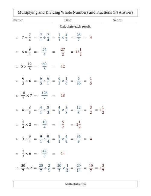 The Multiplying and Dividing Improper Fractions and Whole Numbers with All Simplifying (F) Math Worksheet Page 2