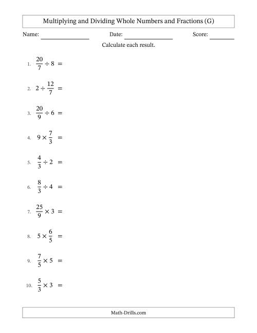 The Multiplying and Dividing Improper Fractions and Whole Numbers with All Simplifying (G) Math Worksheet