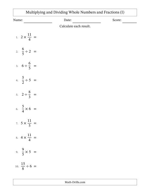 The Multiplying and Dividing Improper Fractions and Whole Numbers with All Simplifying (I) Math Worksheet