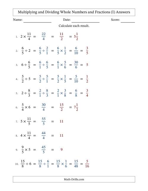 The Multiplying and Dividing Improper Fractions and Whole Numbers with All Simplifying (I) Math Worksheet Page 2