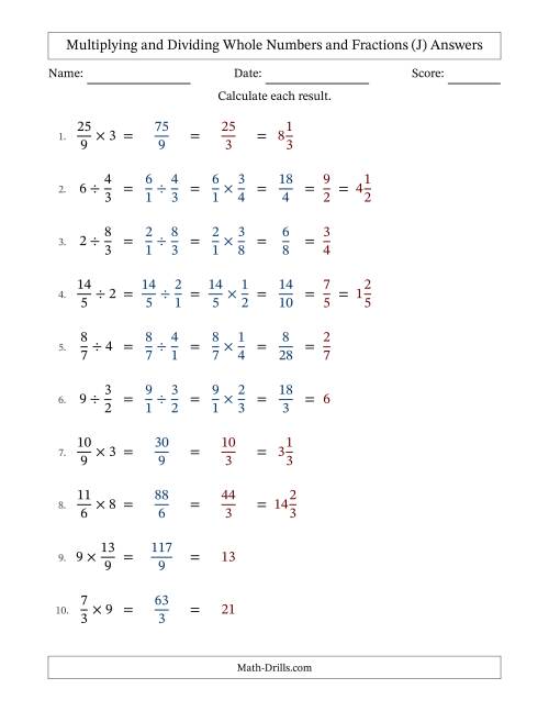 The Multiplying and Dividing Improper Fractions and Whole Numbers with All Simplifying (J) Math Worksheet Page 2