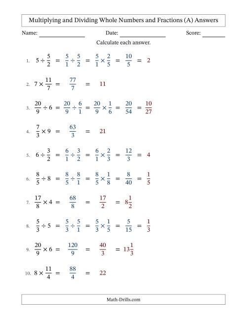 The Multiplying and Dividing Improper Fractions and Whole Numbers with All Simplifying (All) Math Worksheet Page 2