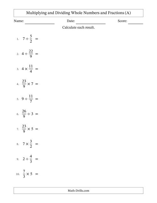 The Multiplying and Dividing Improper Fractions and Whole Numbers with Some Simplifying (A) Math Worksheet