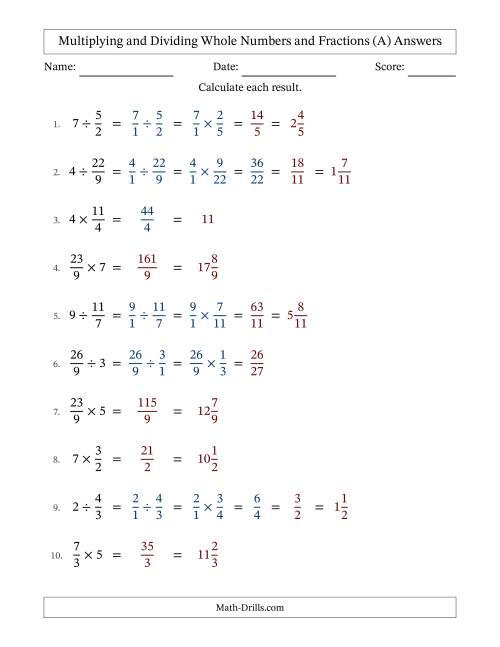 The Multiplying and Dividing Improper Fractions and Whole Numbers with Some Simplifying (A) Math Worksheet Page 2
