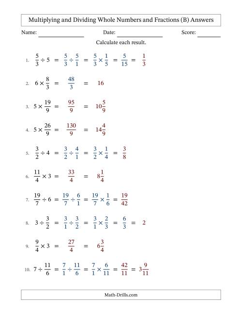 The Multiplying and Dividing Improper Fractions and Whole Numbers with Some Simplifying (B) Math Worksheet Page 2