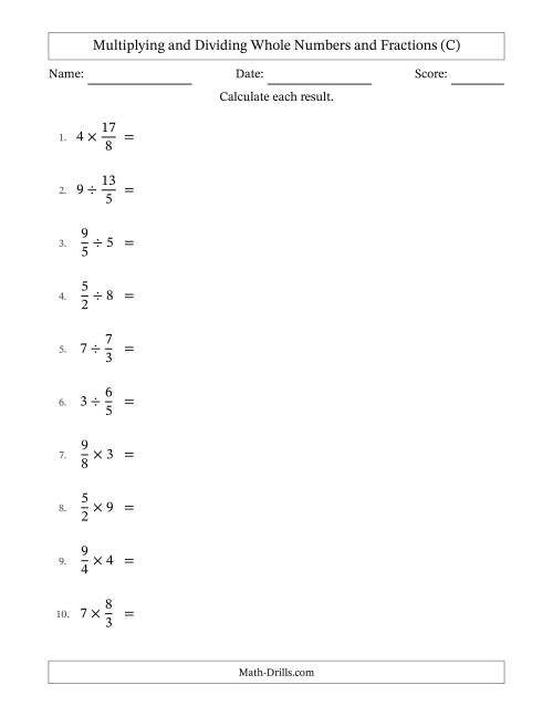 The Multiplying and Dividing Improper Fractions and Whole Numbers with Some Simplifying (C) Math Worksheet
