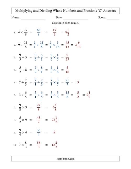 The Multiplying and Dividing Improper Fractions and Whole Numbers with Some Simplifying (C) Math Worksheet Page 2