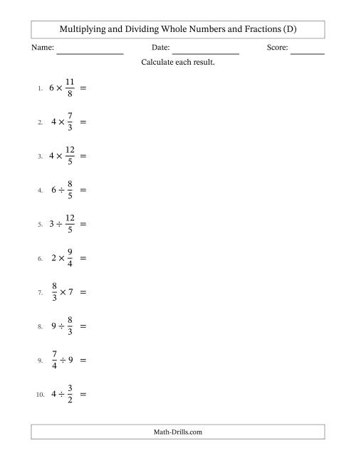 The Multiplying and Dividing Improper Fractions and Whole Numbers with Some Simplifying (D) Math Worksheet