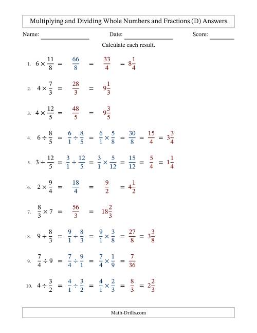 The Multiplying and Dividing Improper Fractions and Whole Numbers with Some Simplifying (D) Math Worksheet Page 2
