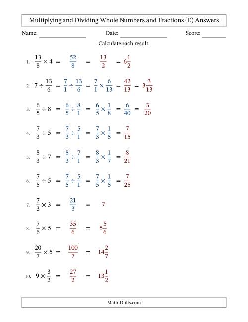 The Multiplying and Dividing Improper Fractions and Whole Numbers with Some Simplifying (E) Math Worksheet Page 2