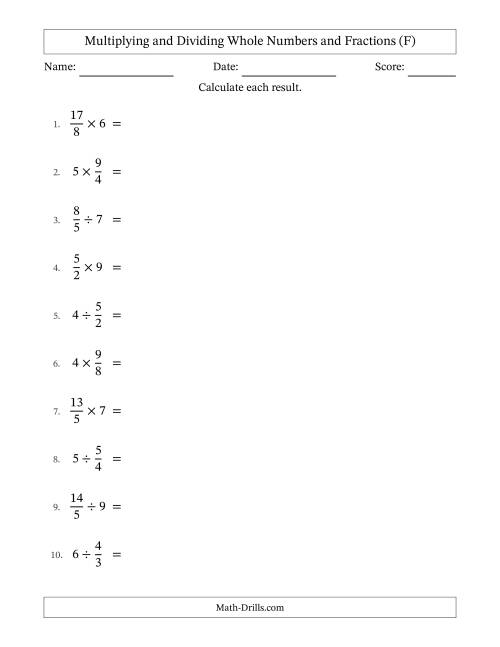 The Multiplying and Dividing Improper Fractions and Whole Numbers with Some Simplifying (F) Math Worksheet
