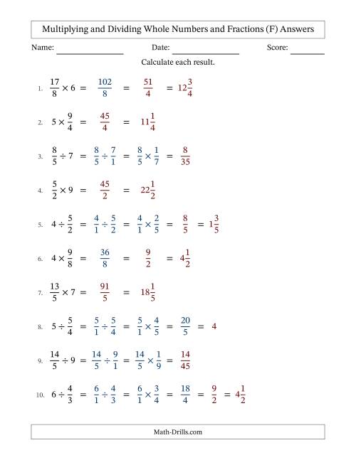 The Multiplying and Dividing Improper Fractions and Whole Numbers with Some Simplifying (F) Math Worksheet Page 2