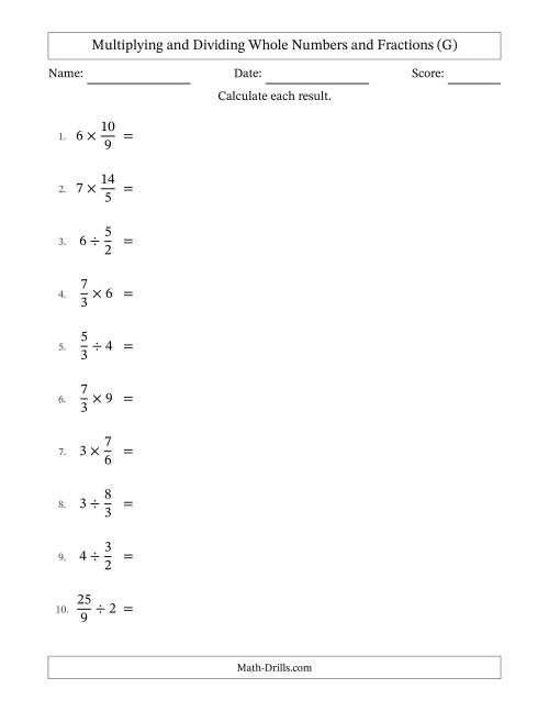 The Multiplying and Dividing Improper Fractions and Whole Numbers with Some Simplifying (G) Math Worksheet