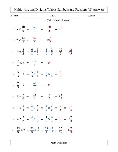 The Multiplying and Dividing Improper Fractions and Whole Numbers with Some Simplifying (G) Math Worksheet Page 2