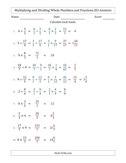 The Multiplying and Dividing Improper Fractions and Whole Numbers with Some Simplifying (H) Math Worksheet Page 2