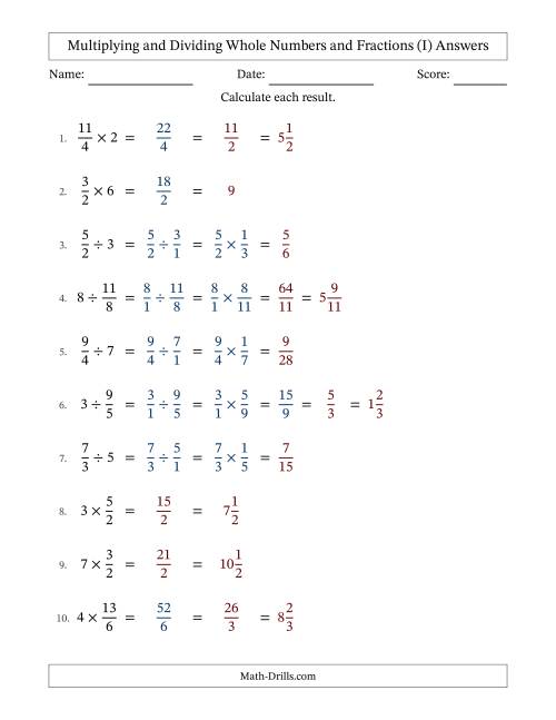 The Multiplying and Dividing Improper Fractions and Whole Numbers with Some Simplifying (I) Math Worksheet Page 2