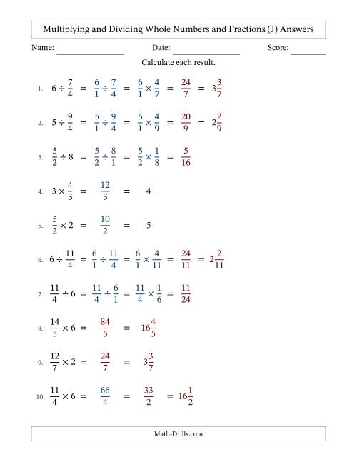 The Multiplying and Dividing Improper Fractions and Whole Numbers with Some Simplifying (J) Math Worksheet Page 2