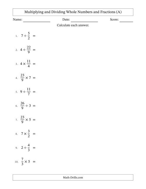 The Multiplying and Dividing Improper Fractions and Whole Numbers with Some Simplifying (All) Math Worksheet