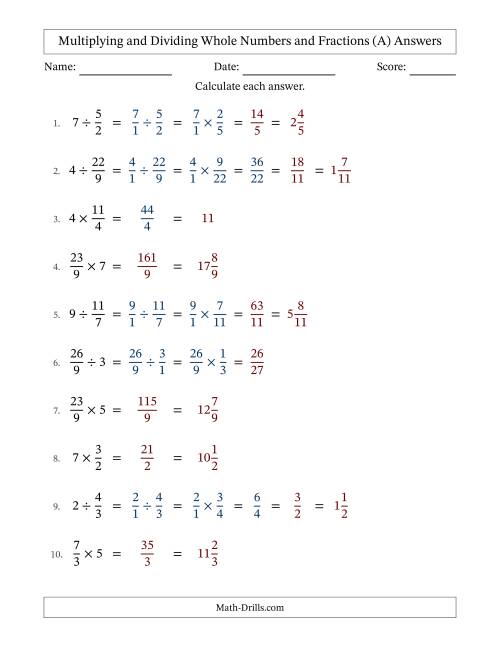 The Multiplying and Dividing Improper Fractions and Whole Numbers with Some Simplifying (All) Math Worksheet Page 2