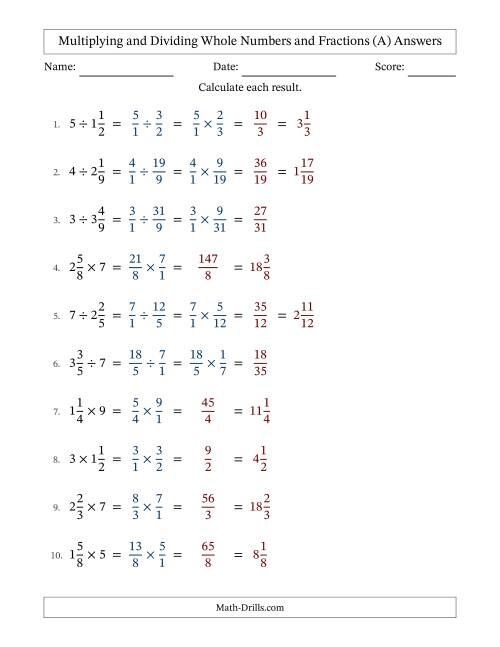 The Multiplying and Dividing Mixed Fractions and Whole Numbers with No Simplifying (A) Math Worksheet Page 2