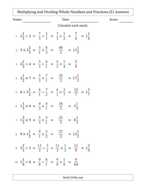 The Multiplying and Dividing Mixed Fractions and Whole Numbers with No Simplifying (E) Math Worksheet Page 2