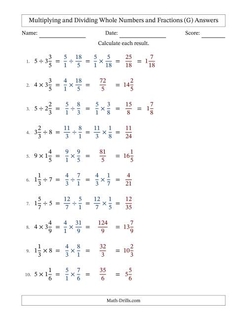 The Multiplying and Dividing Mixed Fractions and Whole Numbers with No Simplifying (G) Math Worksheet Page 2