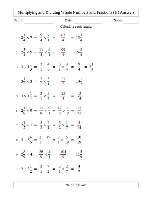 The Multiplying and Dividing Mixed Fractions and Whole Numbers with No Simplifying (H) Math Worksheet Page 2