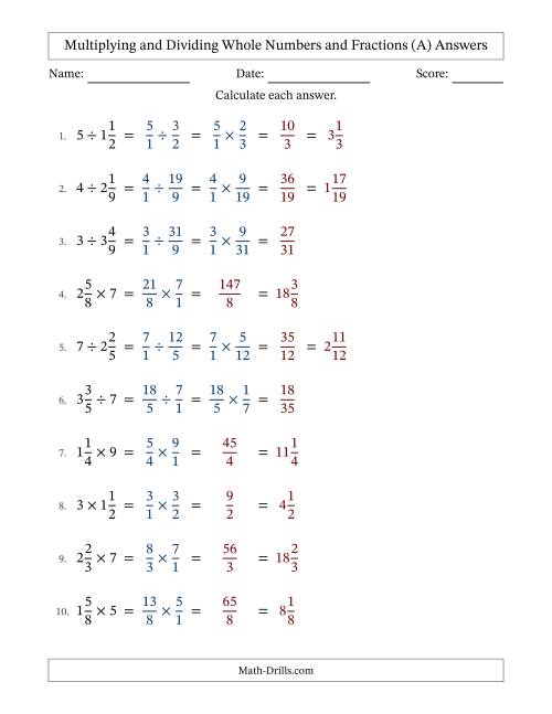 The Multiplying and Dividing Mixed Fractions and Whole Numbers with No Simplifying (All) Math Worksheet Page 2