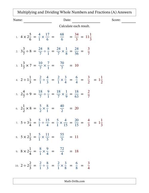 The Multiplying and Dividing Mixed Fractions and Whole Numbers with All Simplifying (A) Math Worksheet Page 2