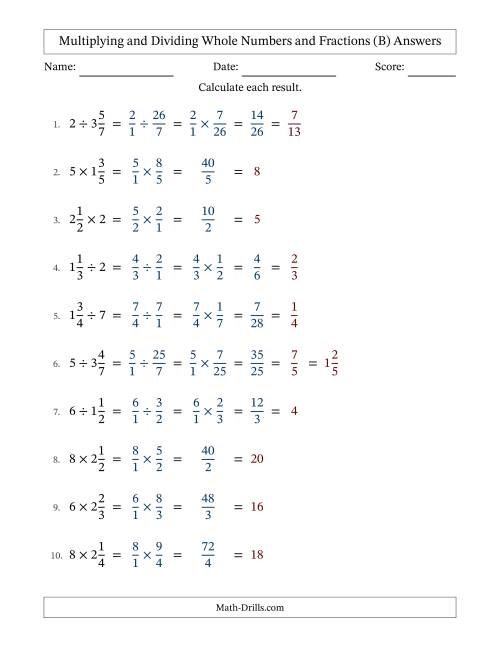 The Multiplying and Dividing Mixed Fractions and Whole Numbers with All Simplifying (B) Math Worksheet Page 2